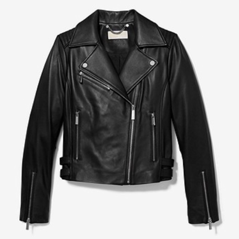 Michael Kors Quilted Leather Moto Jacket Asymmetrical Zip Buckle Genuine - Picture 5 of 16